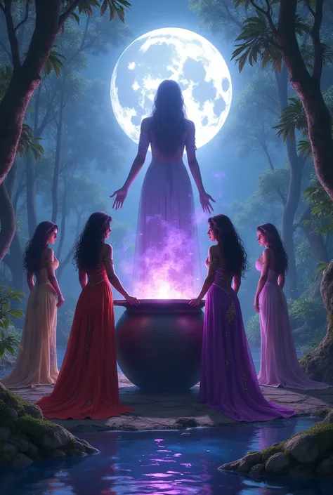 Young girls multiracial sorceresses witches clothes witches bodies Athletic big breasts big buttocks long hair multicolored witch clothes purple eyes forest lagoon full moon orange  .Pola gigantic person inside the pot 