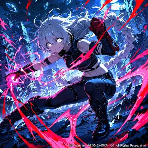 1 girl,messy hair with very long red braid, white eyes, confident smile, crop top,boots, dynamic pose,Destroyed City scenario ,ice aura,end of the world,fighting