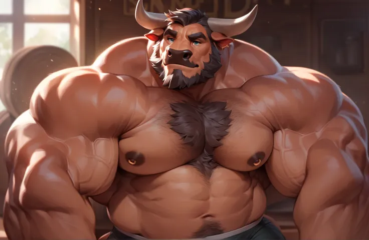 solo, 1boy, Muscular furry bull, old, bearded, detailed face, detailed eyes, wide shoulder, thick arms, wide pectoral, massive muscle, short hair:1.2, detailed eyes, focus eyes, huge pec, bulge muscle, shirtless, masterpiece, semirealistic:1.2, high detail...