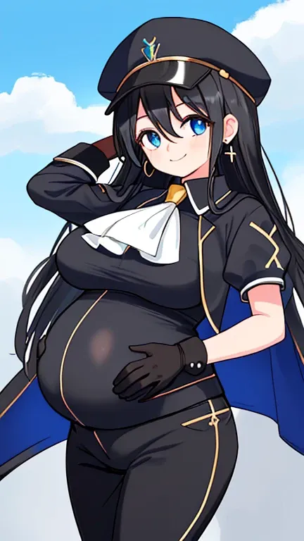 1girl, outdoors, gloves, hat, solo, black hair, blue eyes, long hair, black gloves, breasts, pregnant, black headwear, sky, looking at viewer, smile, earrings, jewelry, day, ascot, pants, closed mouth, large breasts