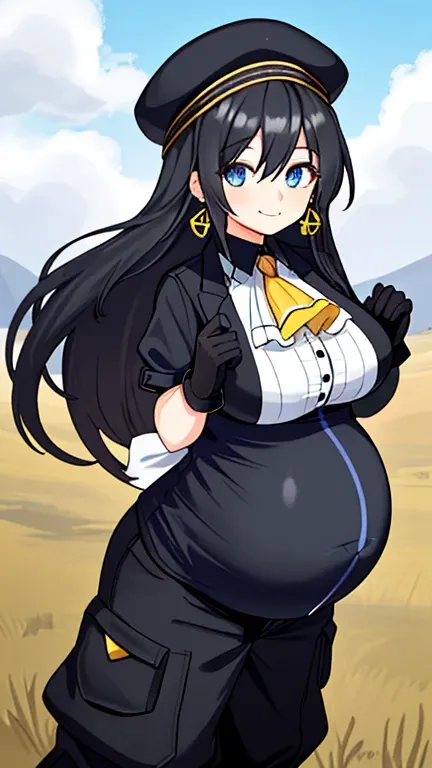 1girl, outdoors, gloves, hat, solo, black hair, blue eyes, long hair, black gloves, breasts, pregnant, black headwear, sky, looking at viewer, smile, earrings, jewelry, day, ascot, pants, closed mouth, large breasts