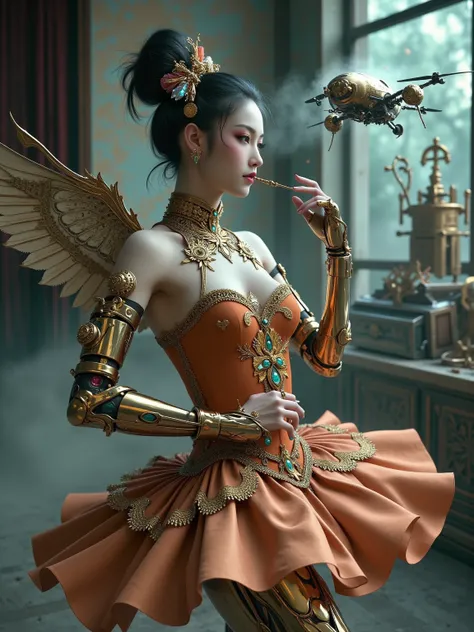  1girl , Steampunk ballet dancer ,  The background is an abandoned theater ， The satin material has exquisite gears and clockwork embroidery ， A paper-cut shape of traditional ballet shoes ； The right body is a mechanical prosthetic made of brass and leath...