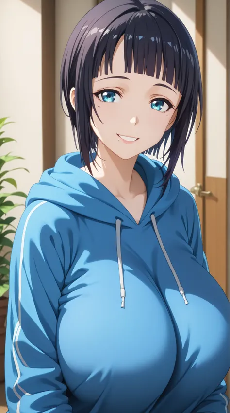 (UHD, retina, masterpiece, accurate, anatomically correct, super detail, high details,  highres, 1080P, 16k、high detail RAW color art:1.3)、 (sachi:1.3)、(short hair, blue eyes, dark hair, mole, mole under eye, bangs, blunt bangs:1.3)、(very gigantic breasts:...