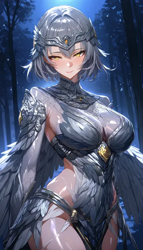 SOLO, A Falcon Female ,Perfect body, Shiny skin, Grey short hair, Falcon Headband, Yellow eyes, A pair of Grey falcon wings cover her body, Wearing A Grey Feathered armor, Flying in the forest, Torogao, seductive smile, Midnight,Moonlight, UHD, anatomicall...