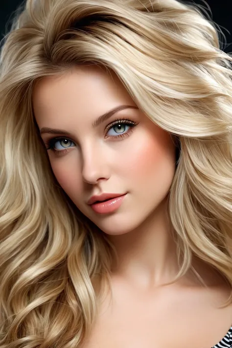  Blonde girl, very realistic,  light eyes ,  big hair,  very beautiful face  