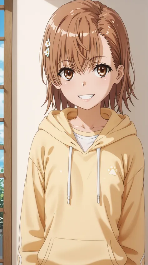 (UHD, retina, masterpiece, accurate, anatomically correct, super detail, high details,  highres, 1080P, 16k、high detail RAW color art:1.3)、 (misaka mikoto:1.3)、 short hair, brown hair、(very flat chest:1.5)、(Shiny skin:1.3)、(dog hooded hoodie:1.3)、(Smile:1....