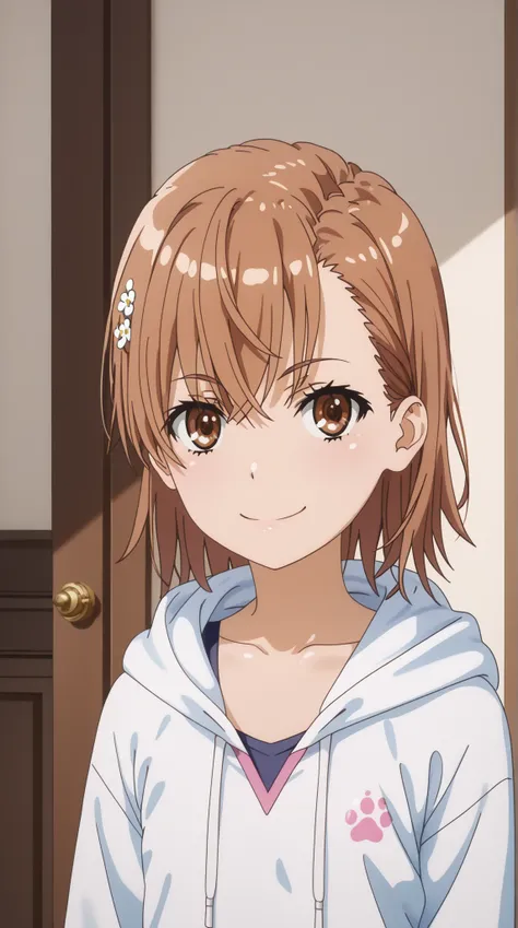 (UHD, retina, masterpiece, accurate, anatomically correct, super detail, high details,  highres, 1080P, 16k、high detail RAW color art:1.3)、 (misaka mikoto:1.3)、 short hair, brown hair、(very flat chest:1.5)、(Shiny skin:1.3)、(dog hooded hoodie:1.3)、(Smile:1....