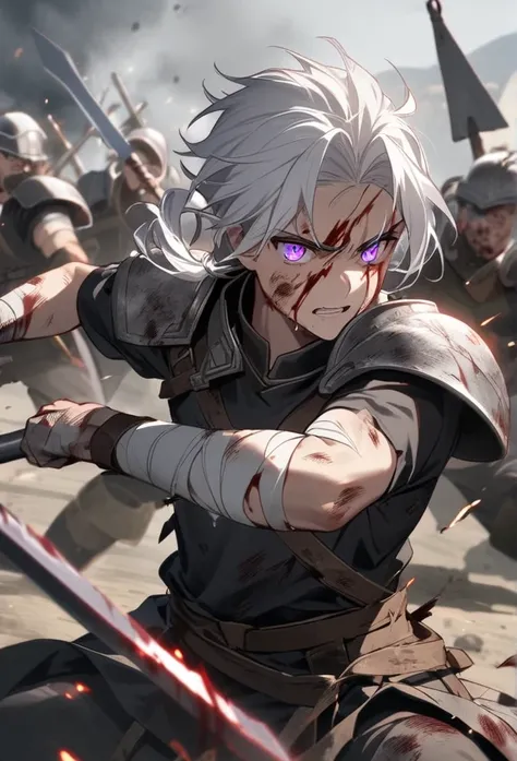   young Greek boy with long white hair tied , one of the arms covered by bandages,    violet eyes ,   lightning wearing two silver shoulder pads and a black high-collar shirt,   with battle damage all over his body, bleeding heavily from the forehead , blo...