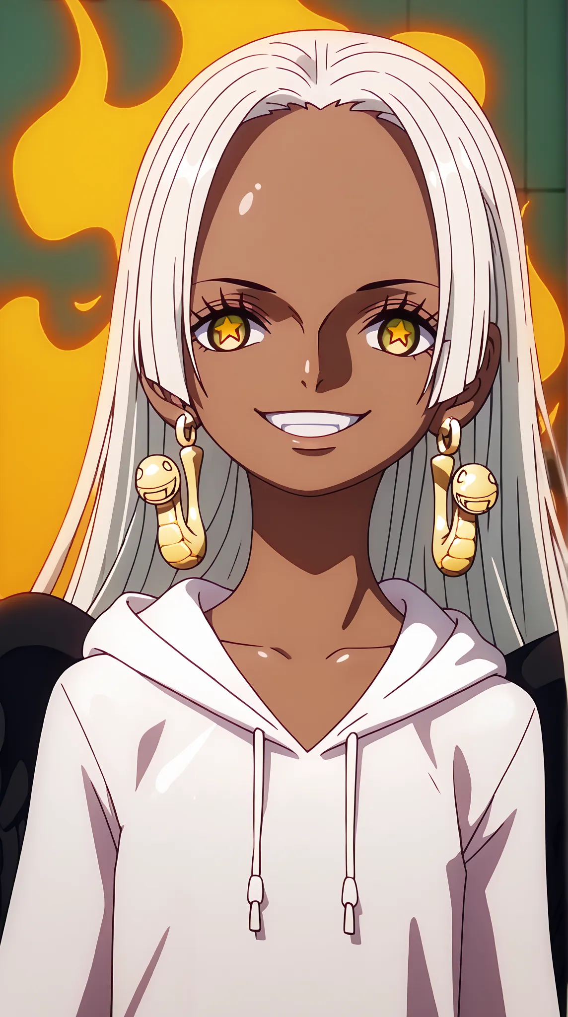 (UHD, retina, masterpiece, accurate, anatomically correct, super detail, high details,  highres, 1080P, 16k、high detail RAW color art:1.3)、(s-snake:1.3)、(Long Hair, white hair, Brown Skin、, earrings for a woman alone, Yellow Eyes, symbol-shaped pupils, bla...