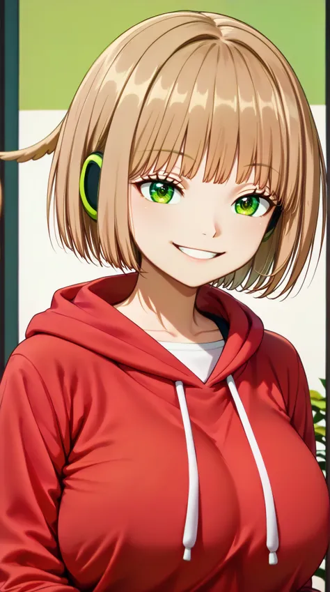 (UHD, retina, masterpiece, accurate, anatomically correct, super detail, high details,  highres, 1080P, 16k、high detail RAW color art:1.3)、(Kirie Konami ai:1.3)、(short hair、light brown hair、bangs、green　Eye :1.5)、(very gigantic breasts:1.3)、(Shiny skin:1.3)...