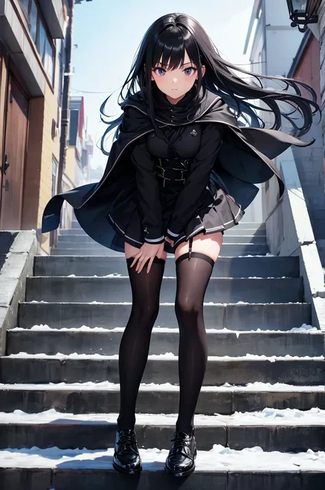 High image quality, high resolution, smooth gradation, vivid colors, a black cloak, a black student uniform, black stockings, black lace-up shoes, black hair, a high school girl, Winter, clear skies, busy stairs in a busy area, twogirls with their hair blo...