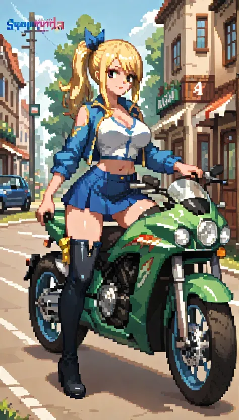 score_9, score_8_up, score_7_up, (1girl), large breast, masterpiece,amazing quality, very aesthetic, fit, gorgeous, high resolution, anime picture, pixel art, lucy_heartfilia driving a motorcycle, skirt, thigh boots