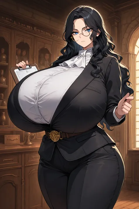 high resolutionx, high quality, 1 girl, solo, cute, kawaii, tall female, gigantic breasts, gigantic breasts, plump, wide hips, thick thighs, black hair, long hair, wavy hair, blue eyes, cabinet minister, civil official, monocle, ascot, suit jacket, black s...