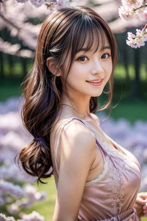 (8k, RAW photo, photorealistic, HQ, masterpiece), a cute Japanese woman, (glowing eyes), (from below:1.2), 
(shy smile), brown plaits hair, (Violet color dress, sleeveless long dress, elegant lace silk fabric dress:1.2), large breasts, (in A vast forest fi...