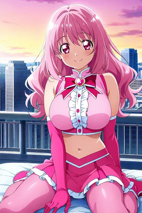 anime screencap, 1girl, solo, cowboy shot, magical girl, pink shirts, crop top, midriff, navel, center frills, sleeveless, pink miniskirt, pink pantyhose, pink elbow gloves, jewelry, pink hair, long hair, pink eyes, large breasts, smile, wariza, city, 