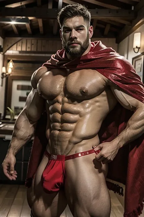 a muscular man in red cape, tiny thong, big bulge, vpl