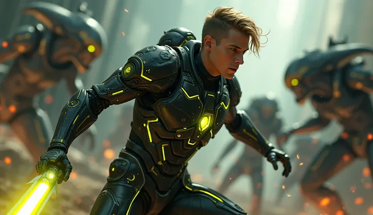 Futuristic dynamic war battle scene: handsome brown and blonde modern short stylish hair shiny eyes muscular shielded man in black and green gold cyberpunk cosplay suit with laser sword, fighting, fighting tentacled aliens, alien monsters, vivid neon accen...