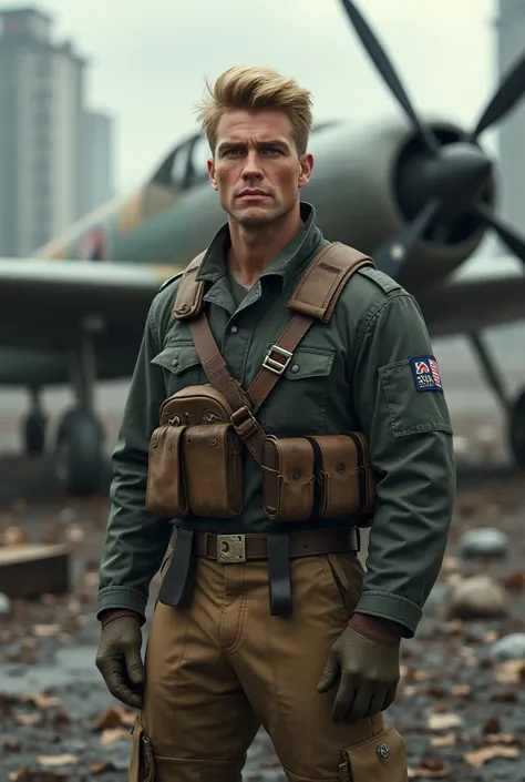 Create a handsome blonde man,  World War II pilot, near your plane, against the background of a German city,  extremely realistic,  in detail,  Masterpiece 