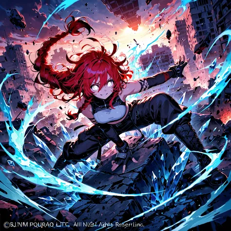 1 girl,messy hair with very long red braid, white eyes, confident smile, crop top,boots, dynamic pose,Destroyed City scenario ,ice aura,end of the world,fighting