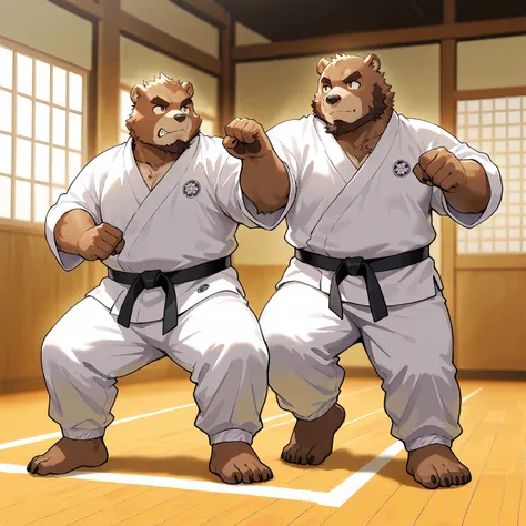 2men, full body, looking away, plump middle-aged Japanese bear man versus plump middle-aged Japanese bear man, fighting, judo, black belt, standing, attempting a throw, detailed foot, detailed 4toes, 4fingers, brown eyes, beautiful beard, male face, big fa...