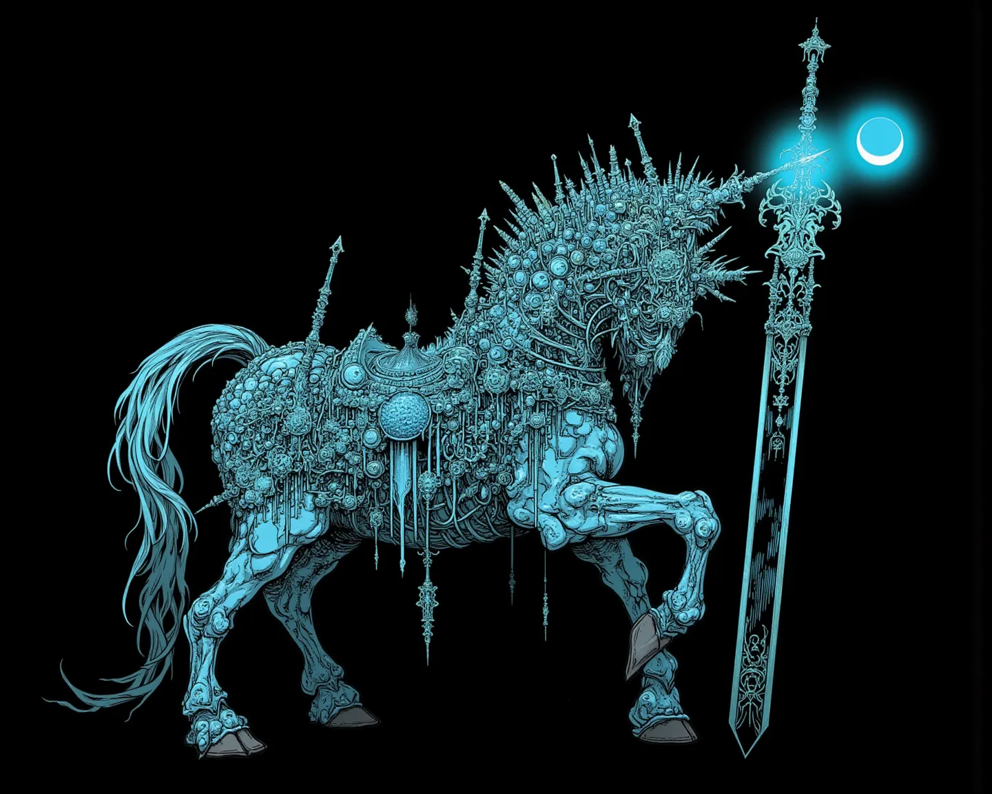  monster called an ugly beast that creeps around eerily ,moonlightの大剣を持っている馬のような体型と歪んだ体, Horse Head,Human torso,Horse legs , with a sacred sword stuck in the back and a raw ball of eyeballs on the right head 、 grotesque design that spits up turbidity , 左腕と...