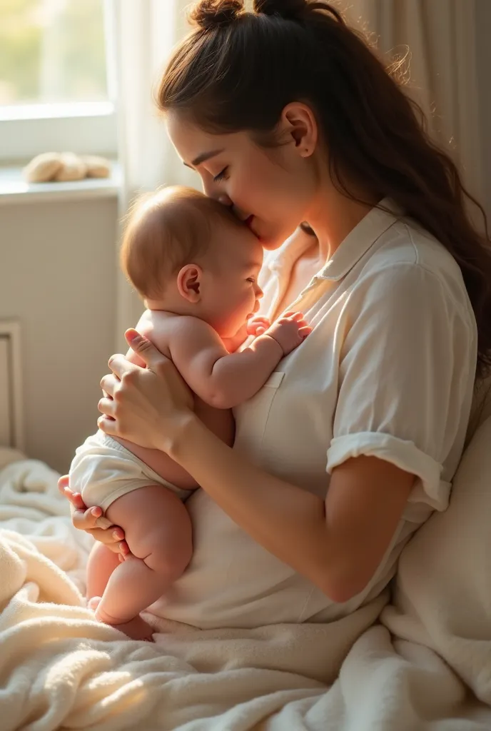 Baby walking while his mother breastfeeds him 