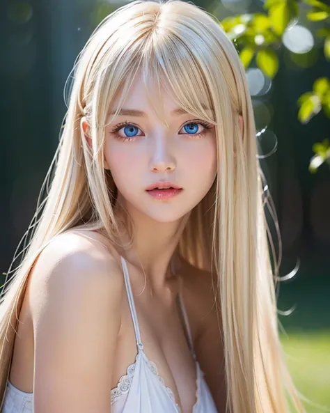  big, bright light blue eyes shine so beautifully、 very big eyes、 super long and shiny super beautiful light blond hair 、 super long straight hair、Silky Blonde、Mysterious blond shine 、 long bangs above the eyes 、 very beautiful face,  young, shiny white sk...