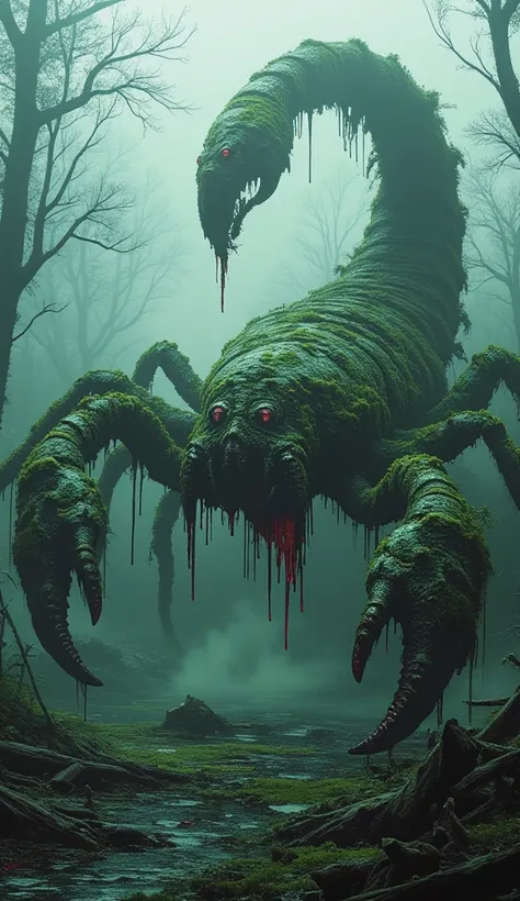 *"A terrifying giant scorpion monster covered in moss and decay, its massive exoskeleton cracked and overgrown with green, damp vegetation. The creature’s enormous pincers are spread wide, and its long, segmented tail arches high, ending in a deadly stinge...