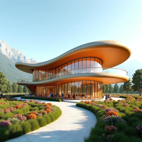 front view; stunning exterior render of a gorgeous cafeteria, gorgeous countryside, breathtaking landscape, biophilic design, sustainable design, inspired by art nouveau style, award winning render, award winning design, vivid colors; architectural excelle...