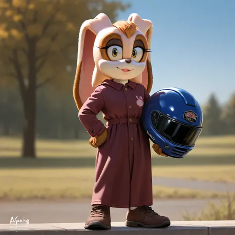 a young woman standing outside with a helmet on while a man stands behind her., outdoors, blurry background, realistic, blurry,vanilla the rabbit