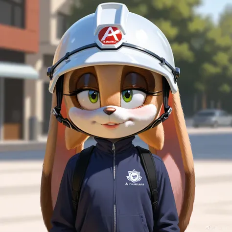 a young woman standing outside with a helmet on while a man stands behind her., outdoors, blurry background, realistic, blurry,vanilla the rabbit