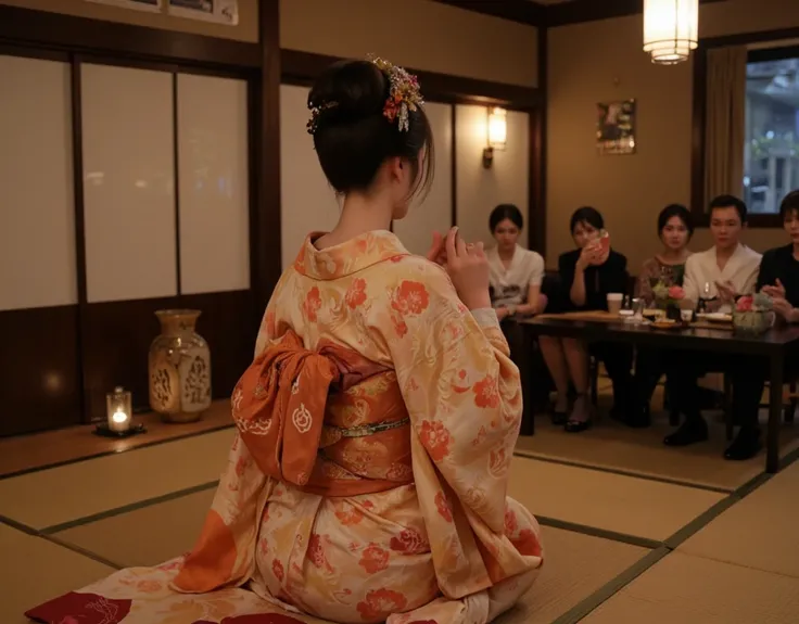 Maiko in the zashiki at a high-class Japanese restaurant 　night　((Show me your nape))　(((Enjoy Japanese dance gracefully and gracefully)))