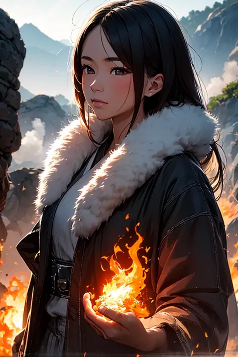 Ancient Japan, young beautiful woman hunter in fur and linen equipment shooting a firebird with a burning body, valley near a volcanic area, silhouette of a giant Yamata no Orochi in the background, drifting smoke, masterpiece, photo quality, detailed text...