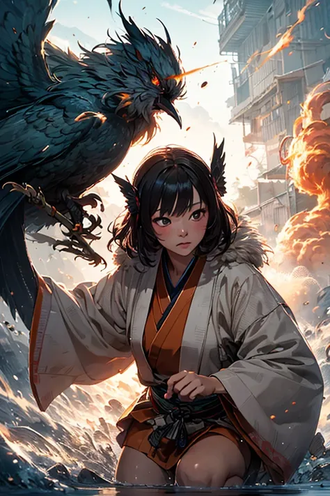 Ancient Japan, young beautiful woman hunter in fur and linen equipment shooting a firebird with a burning body, valley near a volcanic area, silhouette of a giant Yamata no Orochi in the background, drifting smoke, masterpiece, photo quality, detailed text...