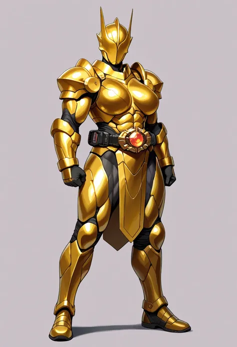 Top quality, full body, standing, from front,looking at viewer, simple background. no human features,A gold-like female humanoid monster,large breasts, muscular,non-human features,no human face,golden armor, rider belt on belly