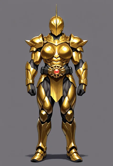 Top quality, full body, standing, from front,looking at viewer, simple background. no human features,A gold-like female humanoid monster,large breasts, muscular,non-human features,no human face,golden armor, rider belt on belly