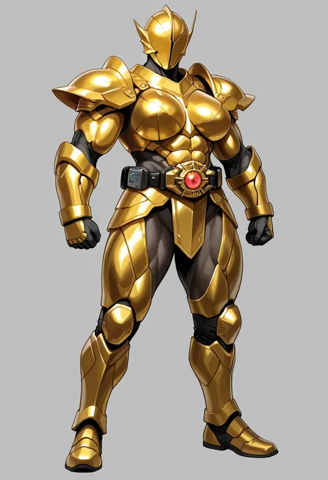 Top quality, full body, standing, from front,looking at viewer, simple background. no human features,A gold-like female humanoid monster,large breasts, muscular,non-human features,no human face,golden armor, rider belt on belly