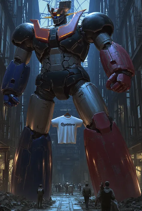    Modified Mazinger Z   ,   towering over 100 meters in a forward leaning position .    is made of modern materials such as steel   ,    Carbon Fiber   ,    Other industrial elements are also visible   ,  Just like the real thing   ,      stands in front ...