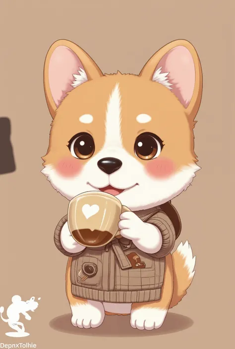  It maintains the typical brown and white color of corgi fur and adds a white fur pattern on the forehead and cheeks {x} depicts a Welsh corgi The character acts as a cafe barista and emphasizes a cute and friendly image.  It has small black nose and big, ...