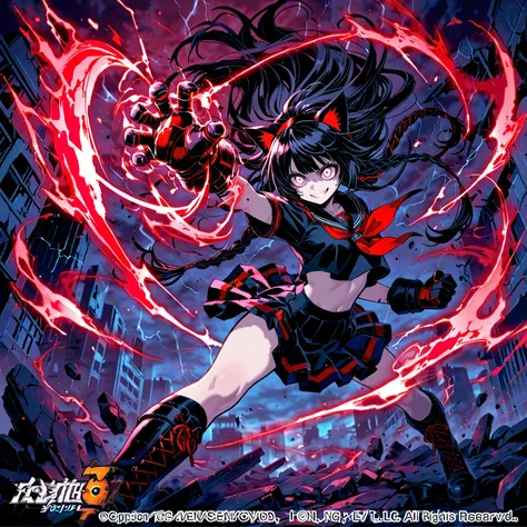 1 girl,messy hair with very long red braid, white eyes, confident smile, crop top,boots, dynamic pose,Destroyed City scenario ,ice aura,end of the world,Fighting against ,1 girl, long hair with bangs with headband, color black, red eyes,Lunatic smile, scho...