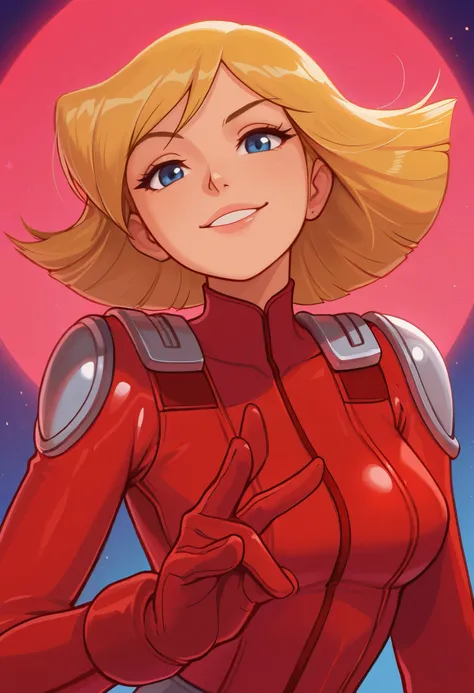 masterpiece, best quality, good quality, 1girl, solo, cartoon, totally_spies_2k24, cl0ver, blonde hair, blue eyes, red bodysuit, sexy, medium breasts, beautiful, detailed, high detailed, very beautiful, detailed face, detailed eyes, detailed hand, abstract...