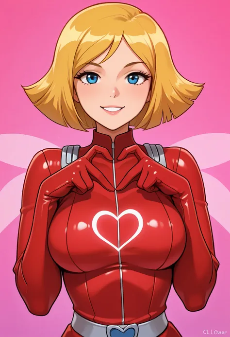 masterpiece, best quality, good quality, 1girl, solo, cartoon, totally_spies_2k24, cl0ver, blonde hair, blue eyes, red bodysuit, sexy, big breasts, beautiful, detailed, high detailed, very beautiful, detailed face, detailed eyes, detailed hand, abstract ba...