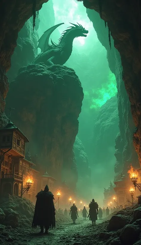   dragonA huge underground cave with a majestic black dragon, aux yeux brillants d’une lueur dorée,  perched on a heap of ancient weapons and artifacts .  green archers breathing fire in a medieval town , Although ,  the city is defended by ,  knights and ...