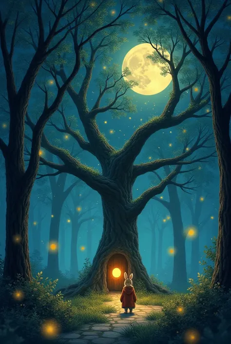 A magical forest where the trees glow with soft, bioluminescent light, and fireflies dance in the air. In the center of the forest stands an ancient, mysterious tree with a tiny door at its base. A curious rabbit wearing a tiny coat is standing near the do...