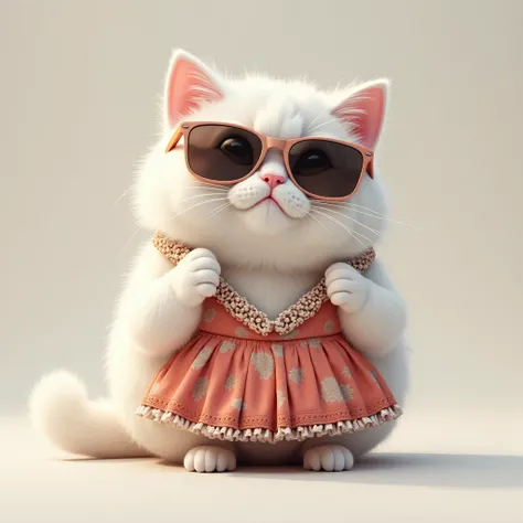 Chubby white cat wearing a chic party dress and sunglasses。Realistic。