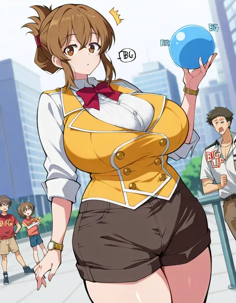  score_9,  score_8_up,  score_7_up,  source_Anime, konosubaboard member, board member,  Gold,  brown eyes,  folding ponytail , bow, Chest,  shoulder out,  shorts,  Detachable Color ,  outdoor,  cityscape,  Watch viewers,  Dutch Angle, Watch ,、 Breasts like...