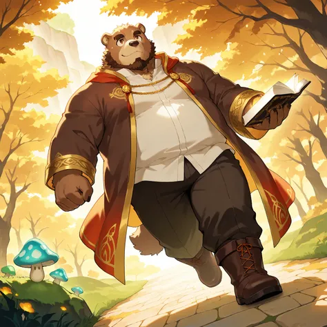 character focus, full body, looking away, dynamic angle, fantasy, middle-aged magical bear man, little smile, magical costume clothes, magical mushroom stick, magical robe, shirt, pants, boots, BREAK full body in Michelangelo Buonarroti style, housamo styl...