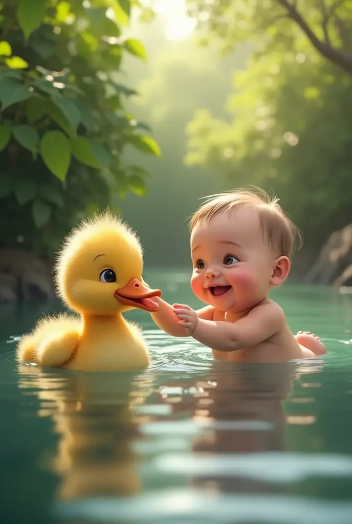 Cute baby raiding duck