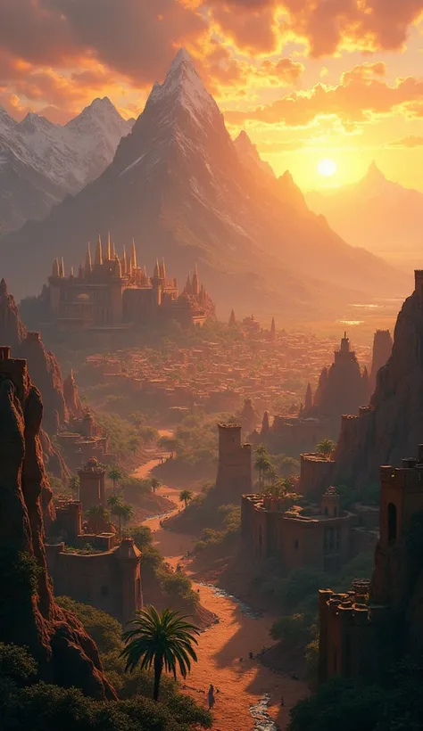  A vast medieval African kingdom with fortified villages , , towering mountains, and a grand royal city illuminated by the setting sun.