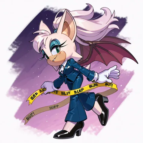 a woman in a blue suit with a yellow caution tape around her, 1girl, solo, high heels, pants, ponytail, black footwear,rouge, animal ears, bat ears, bat girl, bat tail, bat wings, eyeliner, furry, furry female, green eyes, makeup, tail, white hair, wings, ...